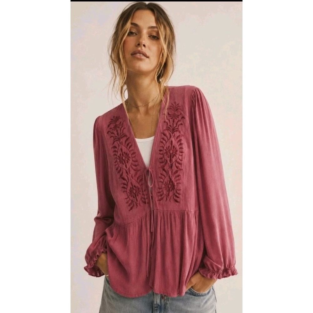 Cato Pink Embroidered Blouse Boho Tie Ruffle Long Sleeve Womens Size Medium